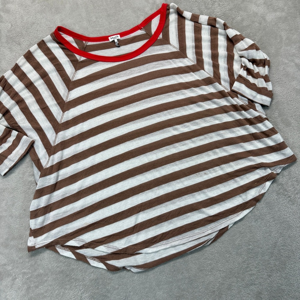 Splendid Shirt Women's‎ Small  T-Shirt Brown White Striped Raglan Red Trim Top